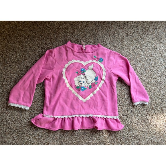 Star Ride Sportswear Other - Vintage Star Ride Sportswear Pink Puppy Heart Lace Ruffle Sweatshirt Made in USA